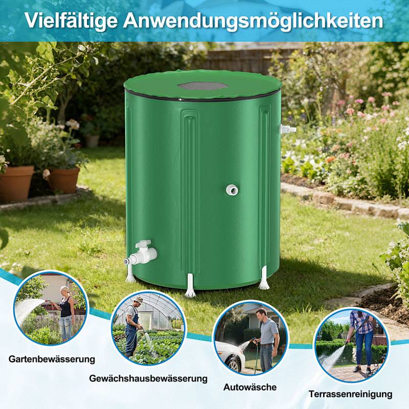 200L Regentonne Faltbar Grün – Regenwassertonne Regenfass Wassertank PVC Wasserspeicher für Garten