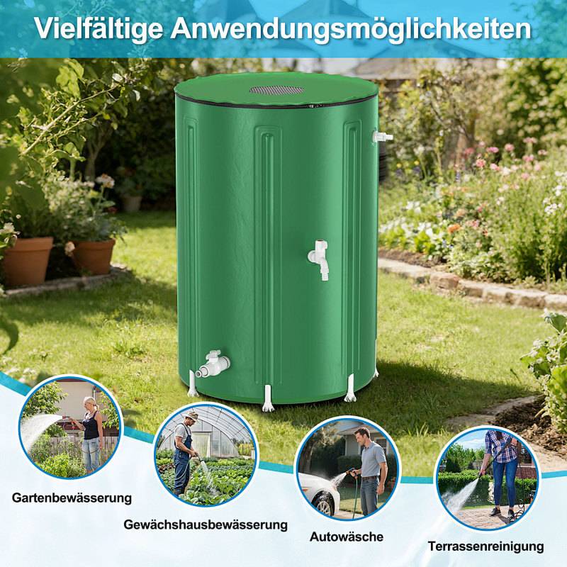 500L Regentonne Faltbar Grün mit Hahn – Regenwassertonne Regenfass Wassertank PVC Wasserspeicher für Garten