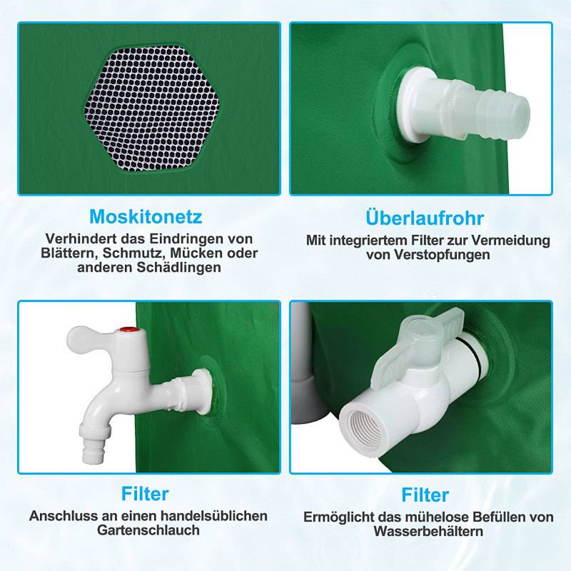 500L Regentonne Faltbar Grün mit Hahn – Regenwassertonne Regenfass Wassertank PVC Wasserspeicher für Garten