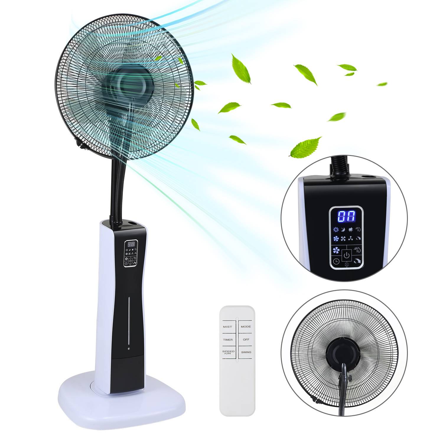 Standventilator mit Nebelfunktion für angenehmes Raumklima 75W Ventilator mit 4 Modi mit Fernbedienung & Timer-Funktion Schwarz