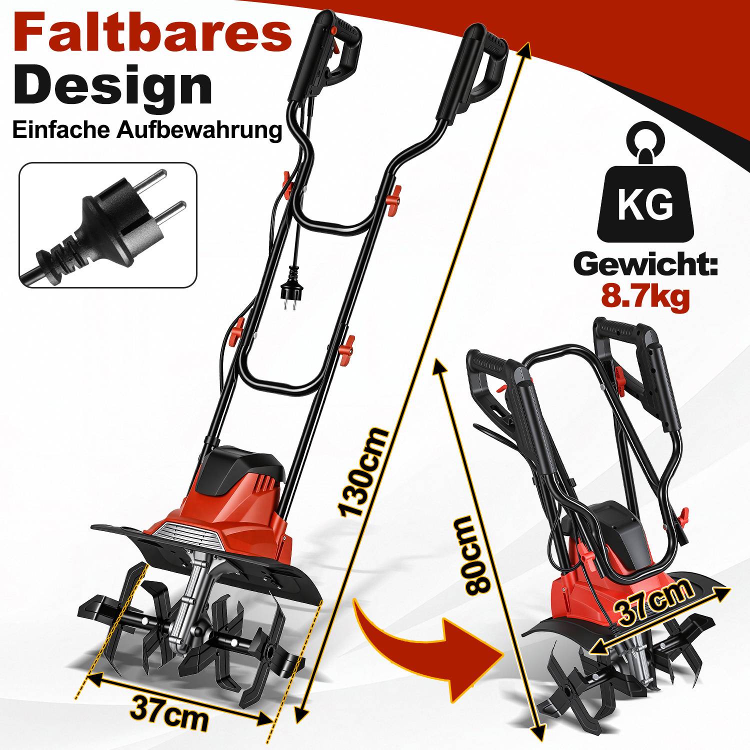 Gartenfräse elektrisch 1050W, Kompakte Bodenfräse 36 cm Arbeitsbreite, 22 cm Arbeitstiefe elektrische Bodenhacke Motorhacke, 16 Messer zum Boden auf