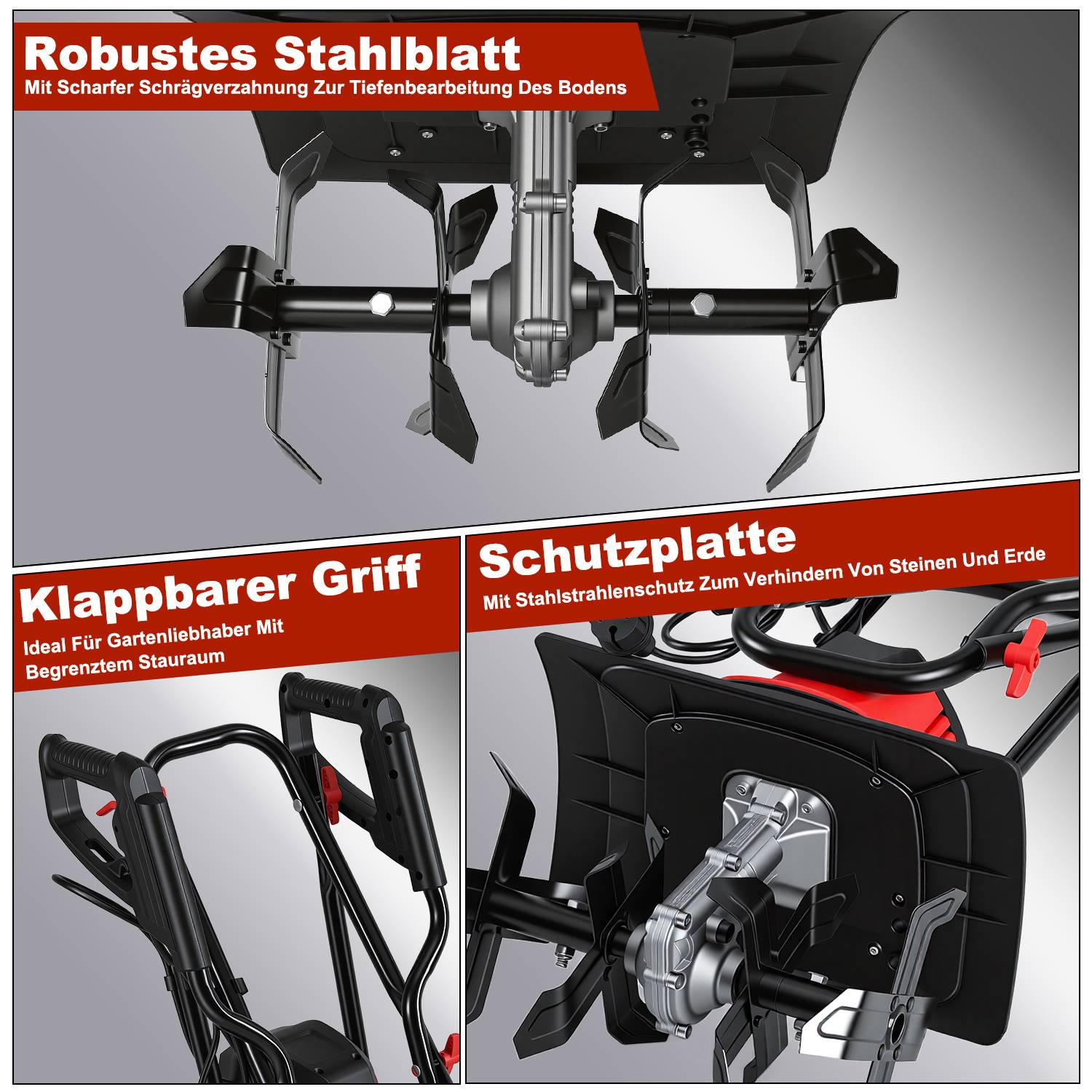 Gartenfräse elektrisch 1050W, Kompakte Bodenfräse 36 cm Arbeitsbreite, 22 cm Arbeitstiefe elektrische Bodenhacke Motorhacke, 16 Messer zum Boden auf