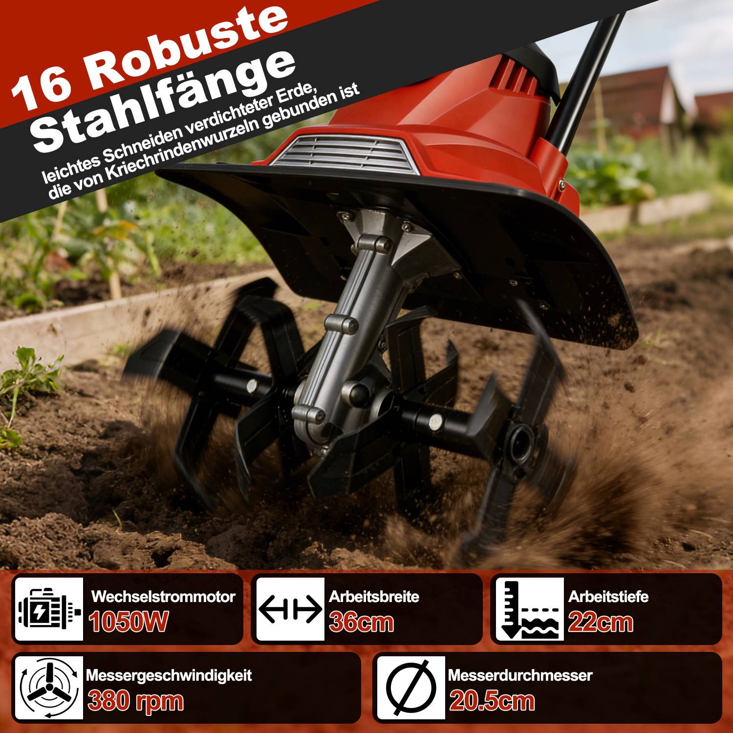 Gartenfräse elektrisch 1050W, Kompakte Bodenfräse 36 cm Arbeitsbreite, 22 cm Arbeitstiefe elektrische Bodenhacke Motorhacke, 16 Messer zum Boden auf