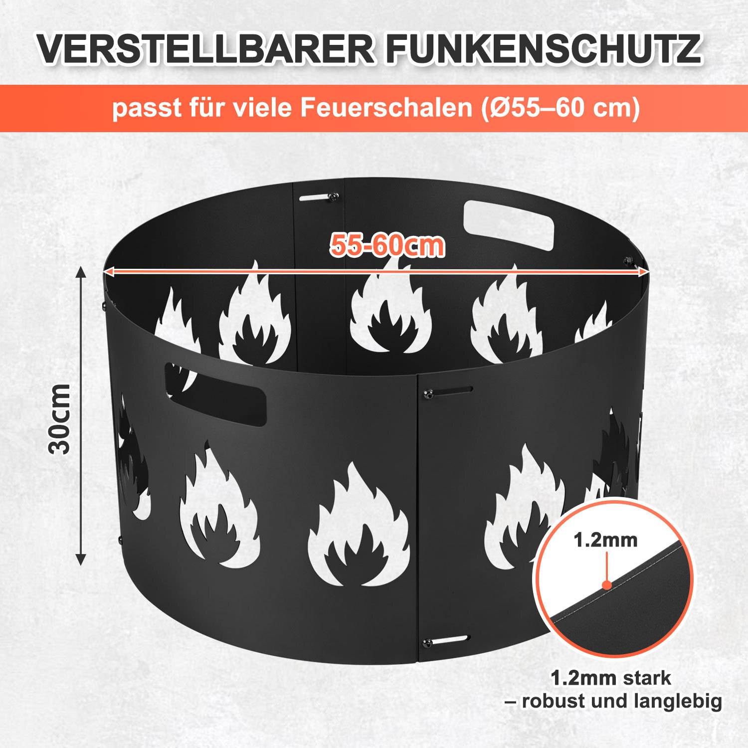 Funkenschutz, schwarzer, zusammensetzbarer Feuerschutz für Feuerstellen, Durchmesser 55–60 cm, verstellbar