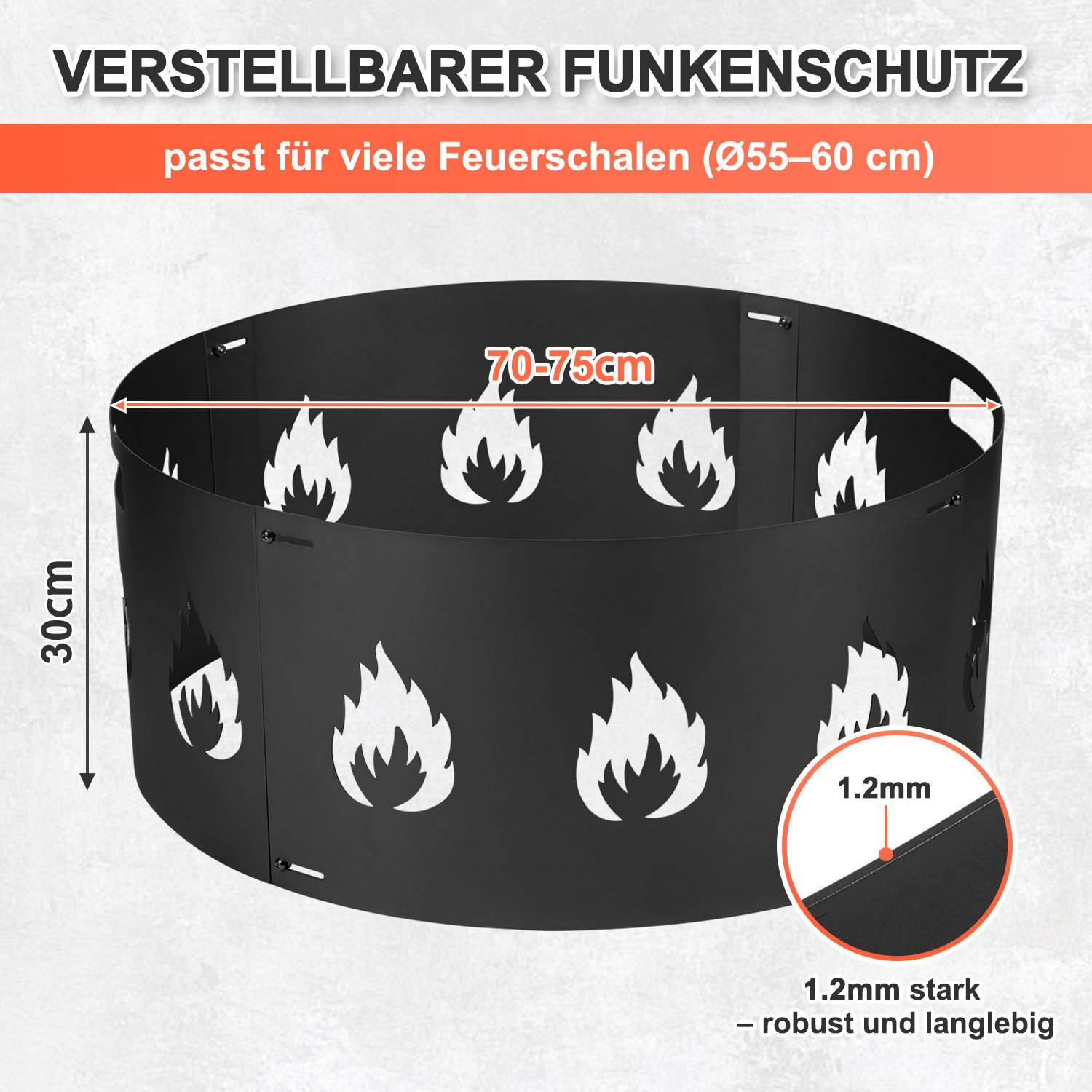 Funkenschutz, schwarzer, zusammensetzbarer Feuerschutz für Feuerstellen, Durchmesser 70–75 cm, verstellbar