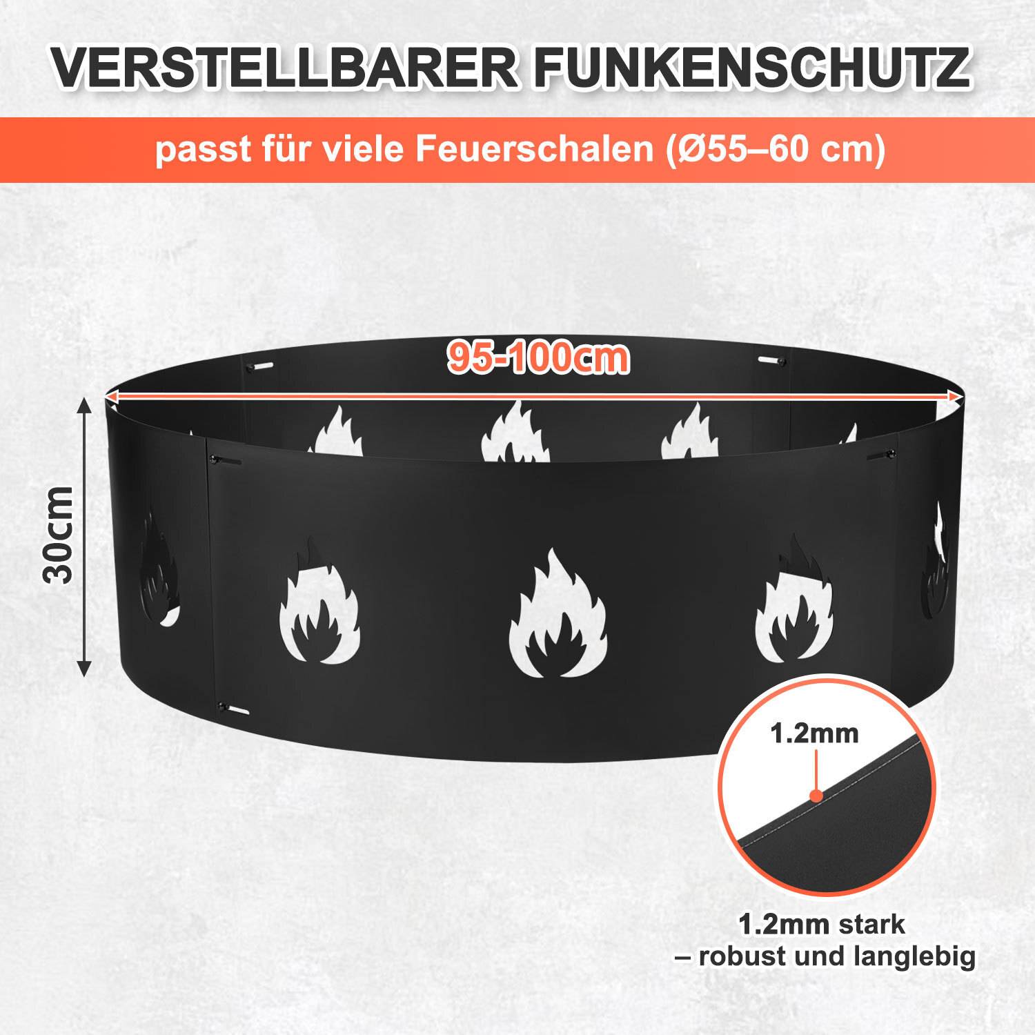 Funkenschutz, schwarzer, zusammensetzbarer Feuerschutz für Feuerstellen, Durchmesser 95–100 cm, verstellbar