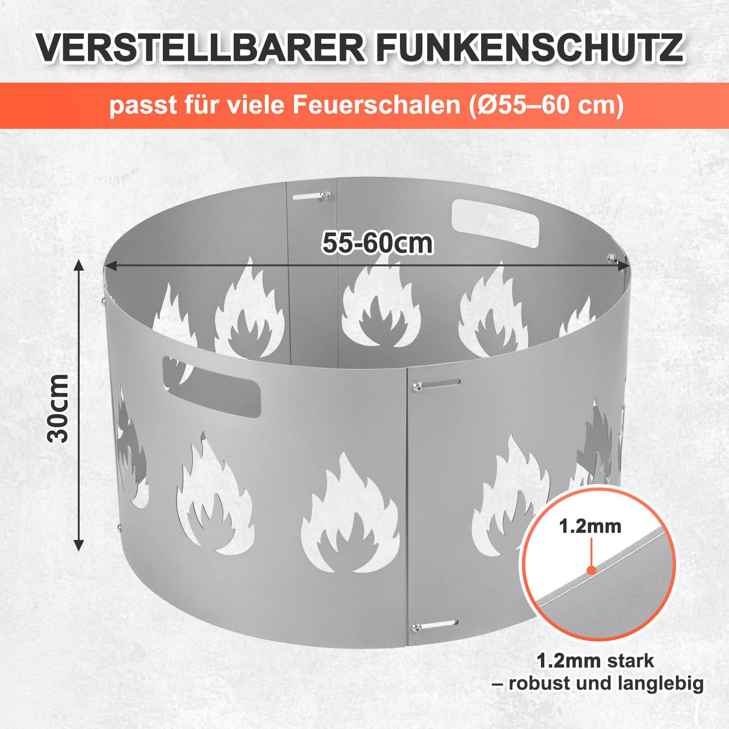 Funkenschutz, silberfarbene, zusammensetzbare Feuerschale mit Brandschutzhaube, Durchmesser 55–60 cm, verstellbar