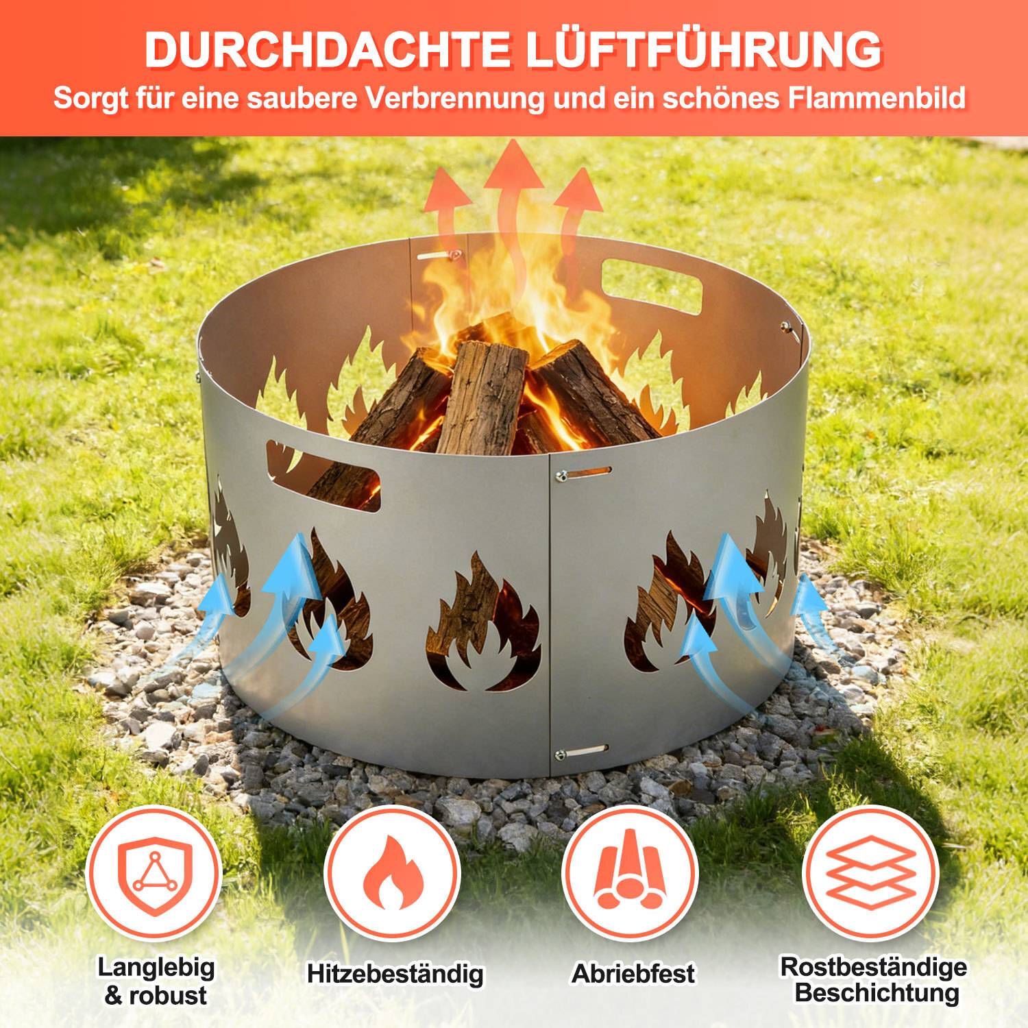 Funkenschutz, silberfarbene, zusammensetzbare Feuerschale mit Brandschutzhaube, Durchmesser 70–75 cm, verstellbar