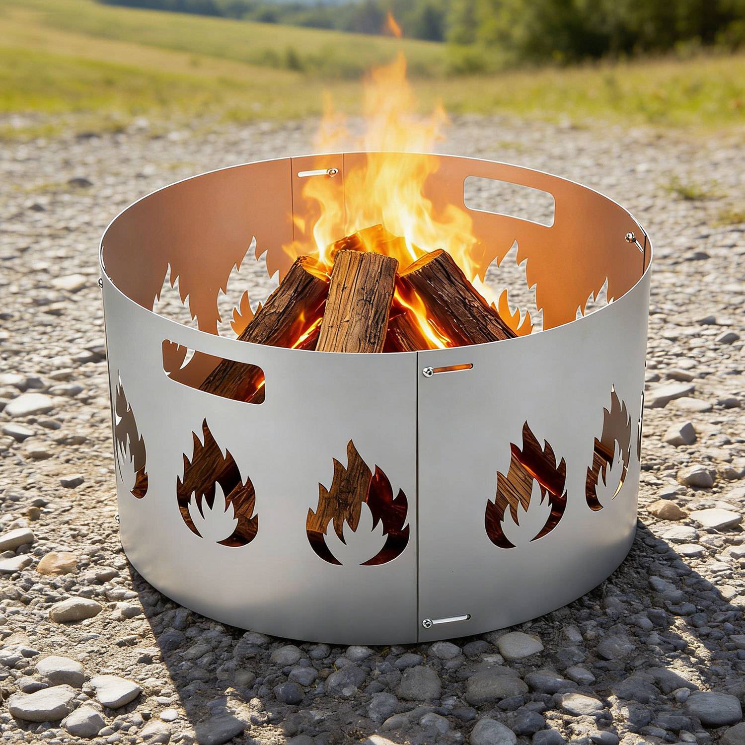 Funkenschutz, silberfarbene, zusammensetzbare Feuerschale mit Brandschutzhaube, Durchmesser 55–60 cm, verstellbar