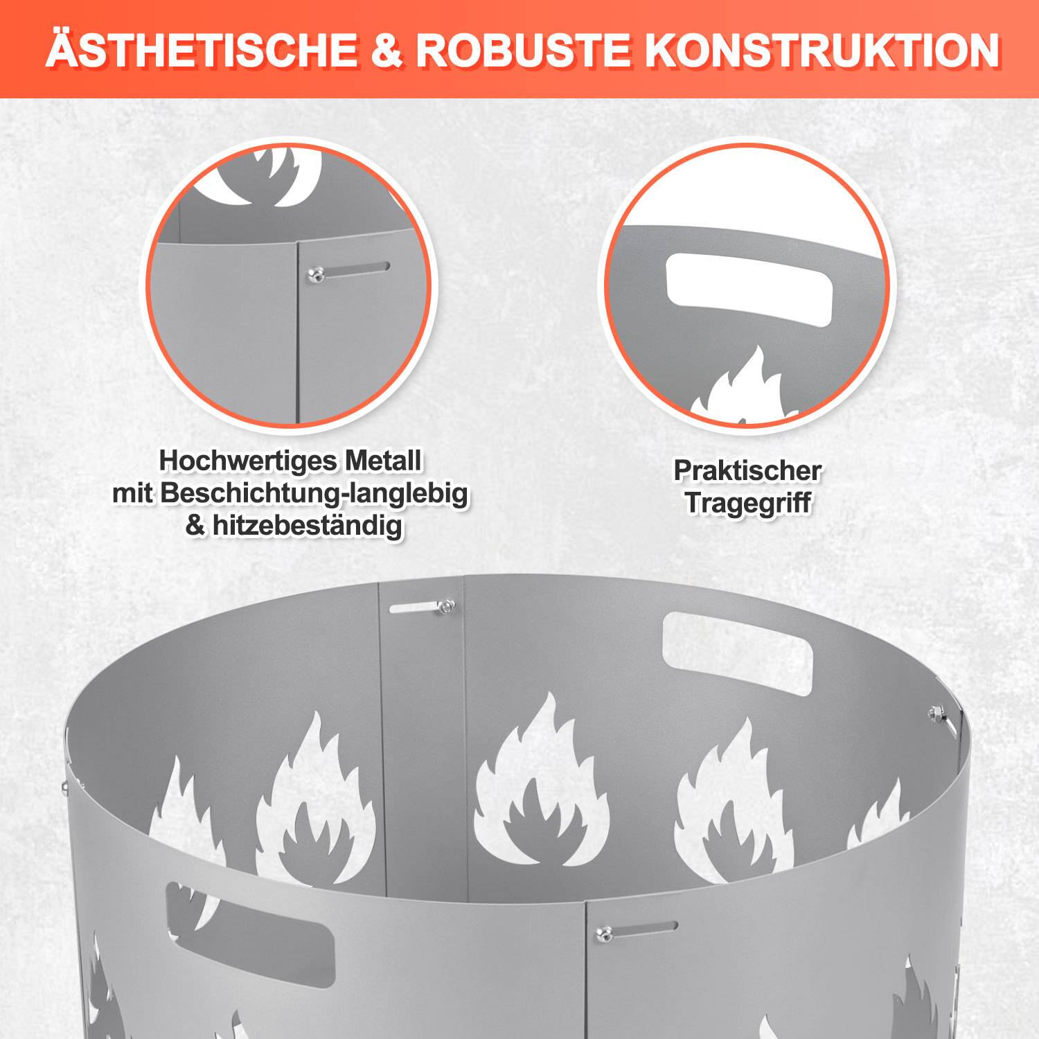 Funkenschutz, silberfarbene, zusammensetzbare Feuerschale mit Brandschutzhaube, Durchmesser 55–60 cm, verstellbar
