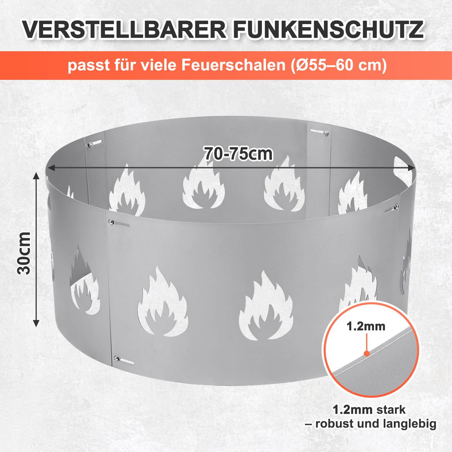 Anzeige für einen verstellbaren Funkenschutz, passt zu vielen Feuerstellen 55-60 cm breit; gezeigte Abmessungen 70-75 cm Durchmesser und 30 cm hoch, 1,2 mm dick.
