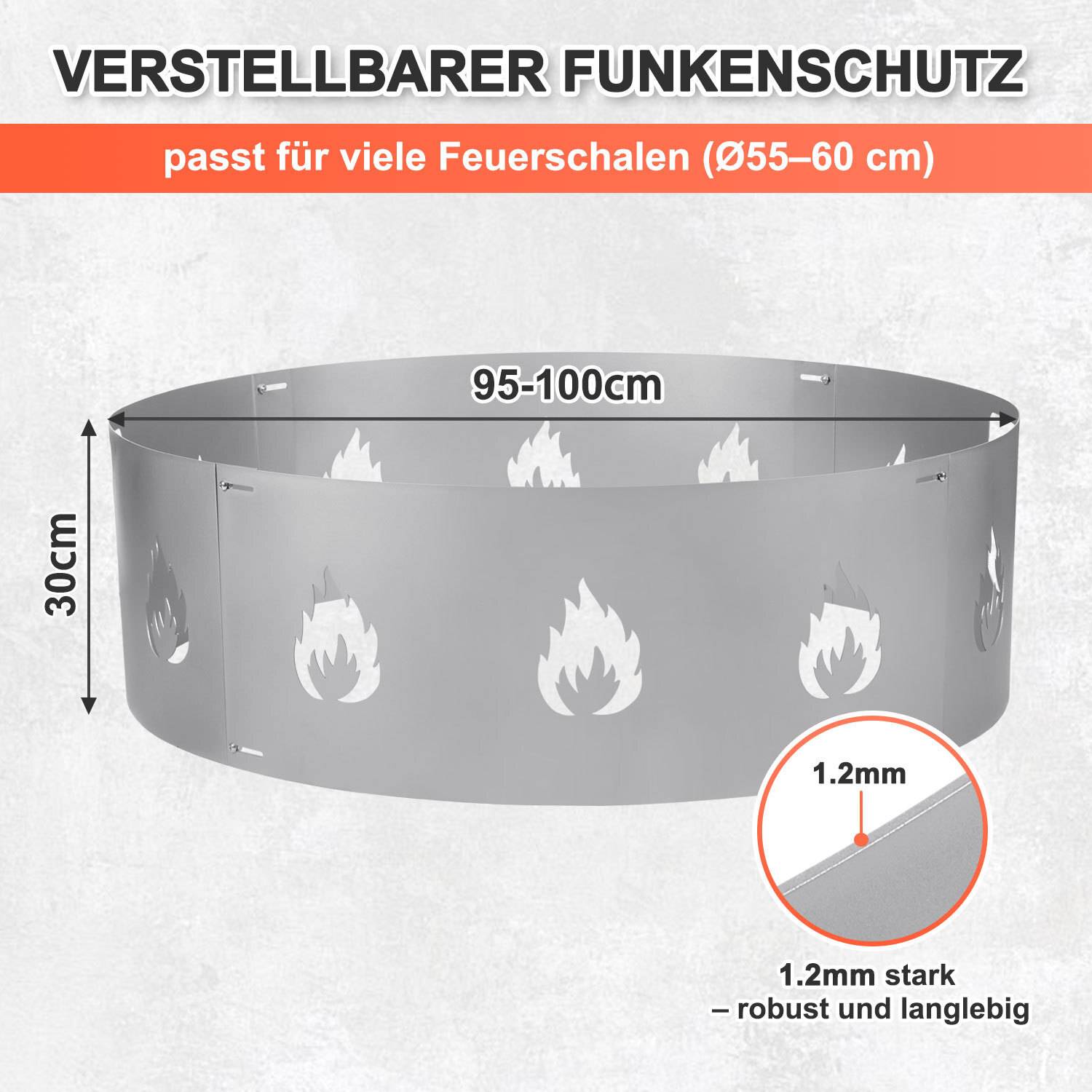 Funkenschutz, silberfarbene, zusammensetzbare Feuerschale mit Brandschutzhaube, Durchmesser 95–100 cm, verstellbar