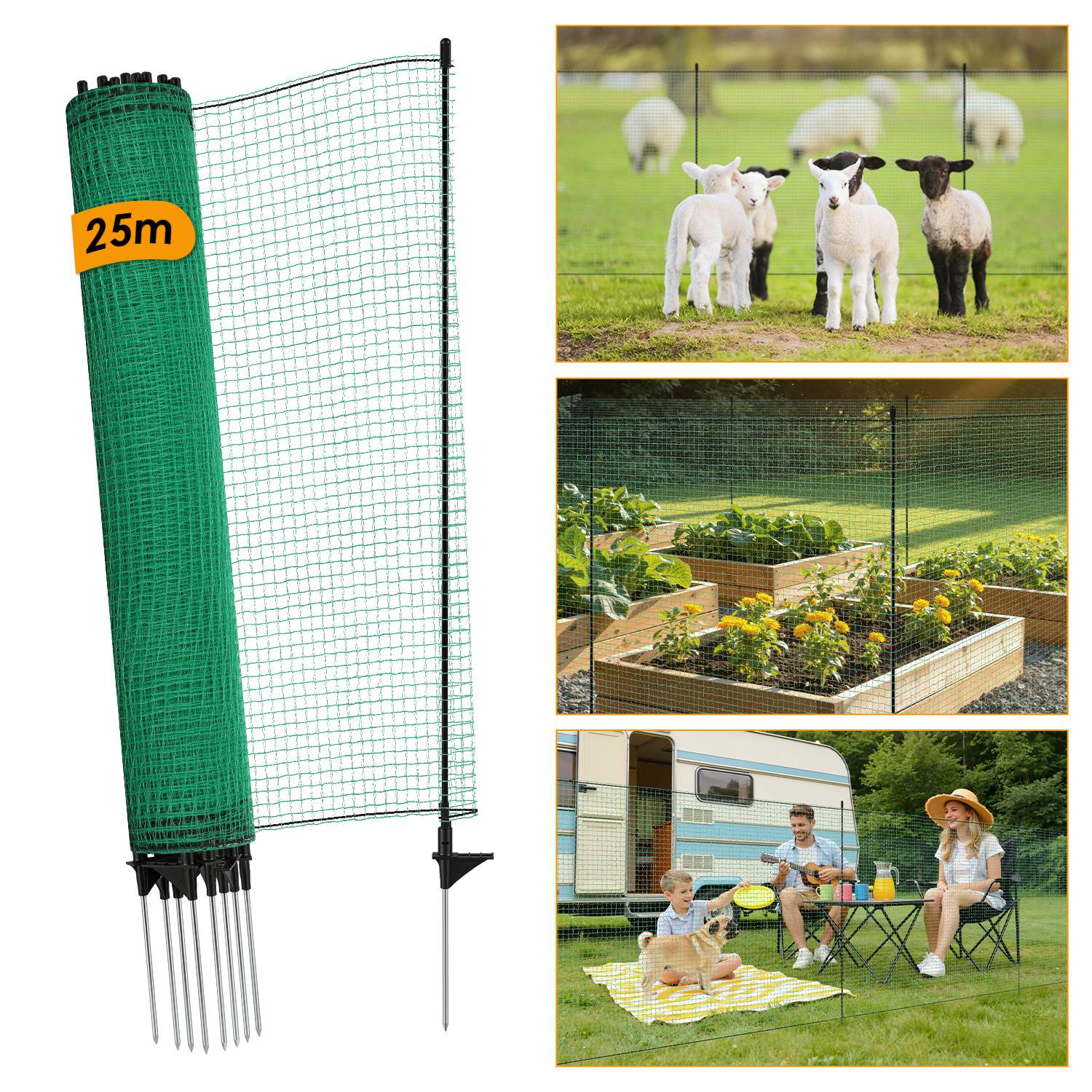Mobiler Hundezaun Weidezaun 115 cm x 25 m – Elektrozaunnetz für Hunde, Hühner & Garten – Flexibler Begrenzungszaun mit Pfosten, Heringen und Iso