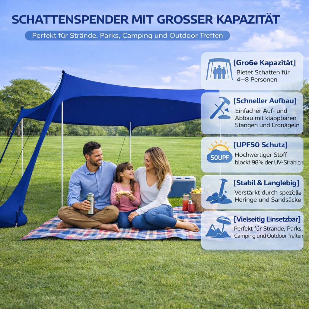 Strandmuschel Sonnensegel Strandzelt 300x300x200cm – Tragbares Strandzelt mit Alu-Stangen, UV-Sonnenschutz, einfacher Aufbau, blau