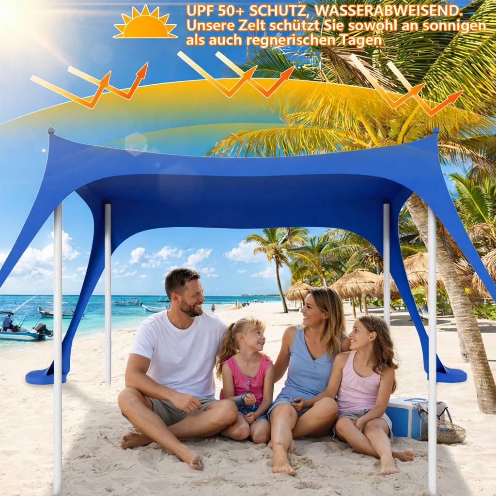 Strandmuschel Sonnensegel Strandzelt 300x300x200cm – Tragbares Strandzelt mit Alu-Stangen, UV-Sonnenschutz, einfacher Aufbau, blau
