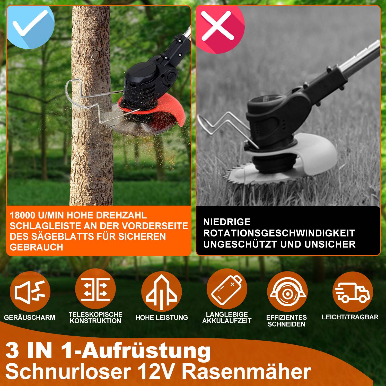 Akku-Rasentrimmer, Rasenkantenschneider (inkl. 2X 1.5Ah Akkus und Ladegerät), 2-in-1 Funktion Rasentrimmer, 18.000 U/min, 24V, Kantenschneider