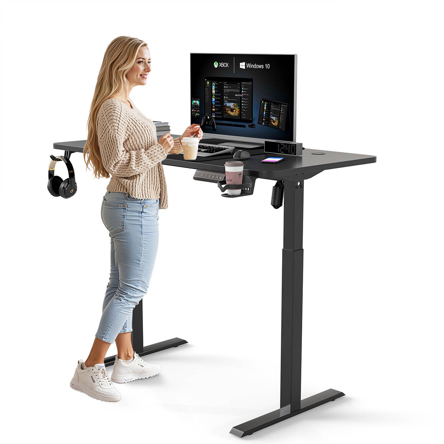 Elektrischer Schreibtisch höhenverstellbar 140x60 cm – Einmotor Tischgestell 2-stufig 55x55 mm, Sitz-Steh Tisch mit Tischplatte, Schwarz