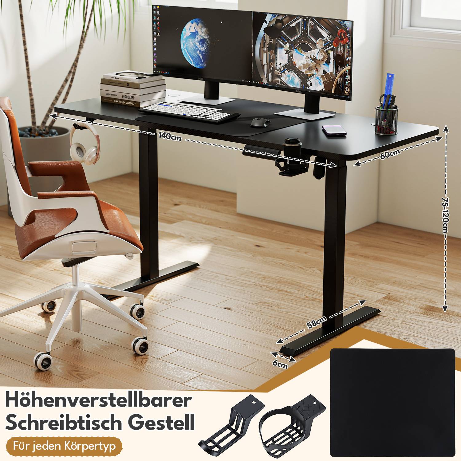 Elektrischer Schreibtisch höhenverstellbar 140x60 cm – Einmotor Tischgestell 2-stufig 55x55 mm, Sitz-Steh Tisch mit Tischplatte, Schwarz