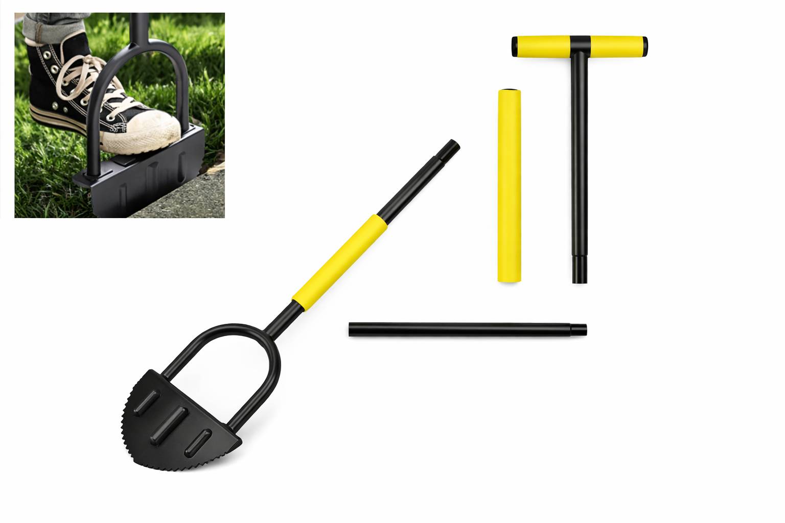 3 Stück Handrasentrimmer 105 cm mit T-Griff, gezahntem Stahlmesser, Gartengerät für Rasenkanten, inklusive Handschuhe