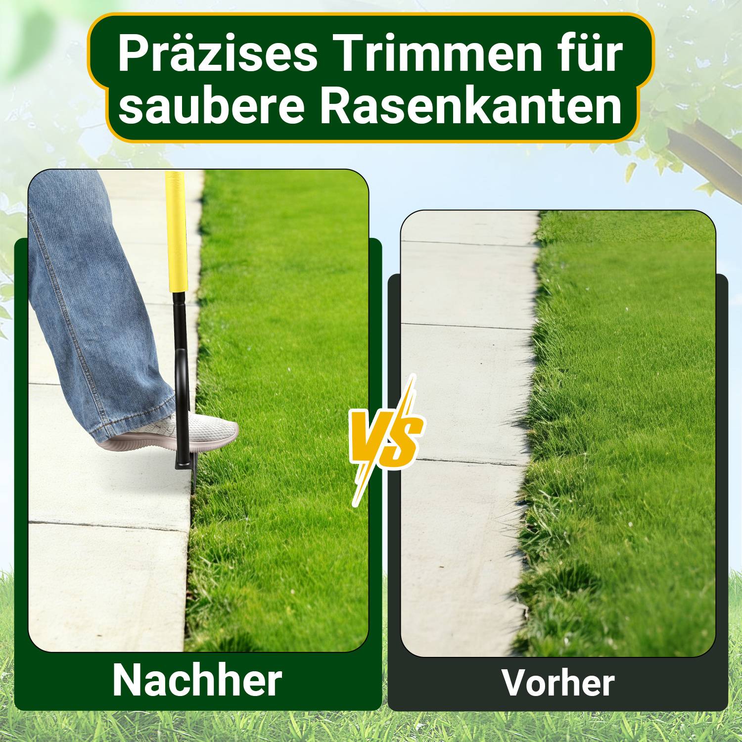 2 Stück Handrasentrimmer 105 cm mit T-Griff, gezahntem Stahlmesser, Gartengerät für Rasenkanten, inklusive Handschuhe