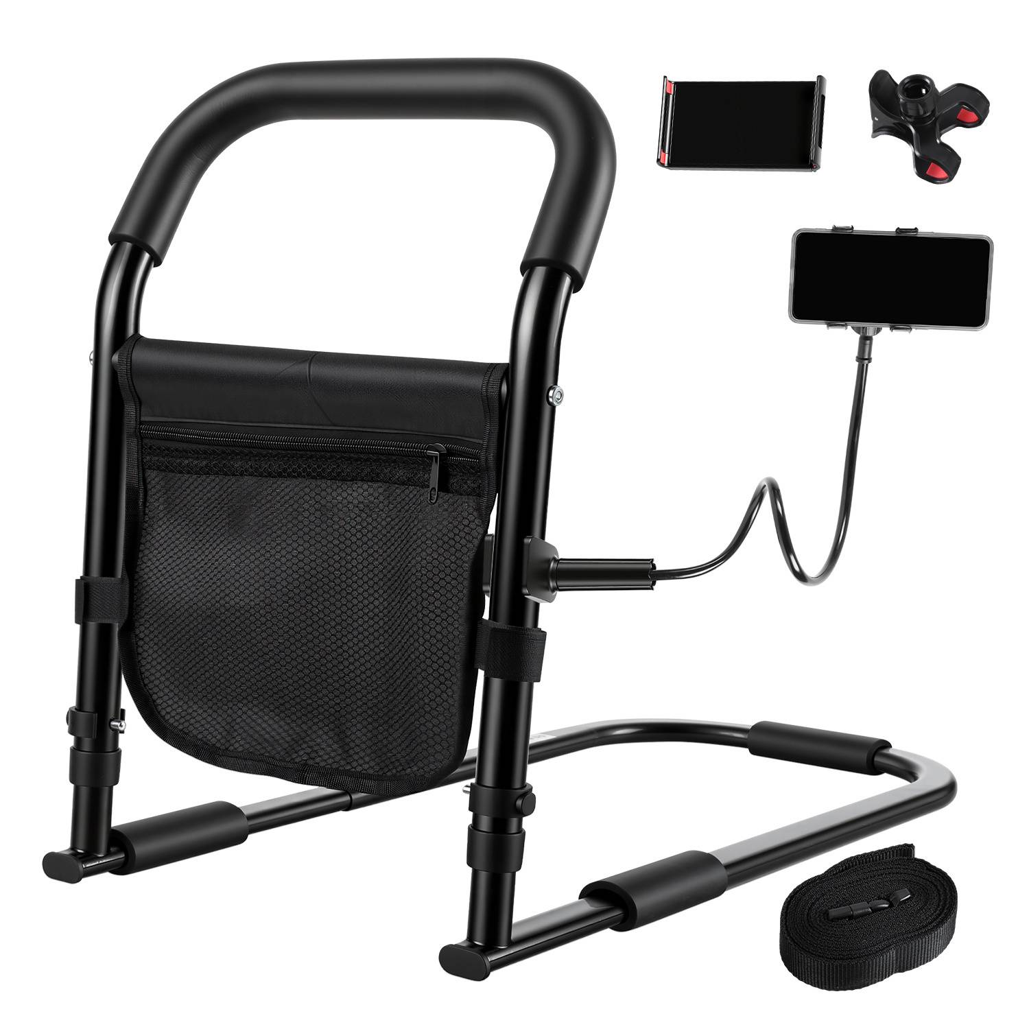 Aufstehhilfe Bett Senioren höhenverstellbar (45-62cm), Bettgriff Rausfallschutz mit Fixiergurt & Handyhalter, Schwarz, 5 Stufen
