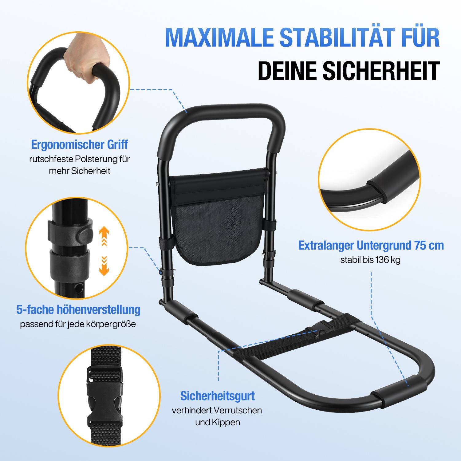 Aufstehhilfe Bett Senioren höhenverstellbar (45-62cm), Bettgriff Rausfallschutz mit Fixiergurt & Handyhalter, Schwarz, 5 Stufen