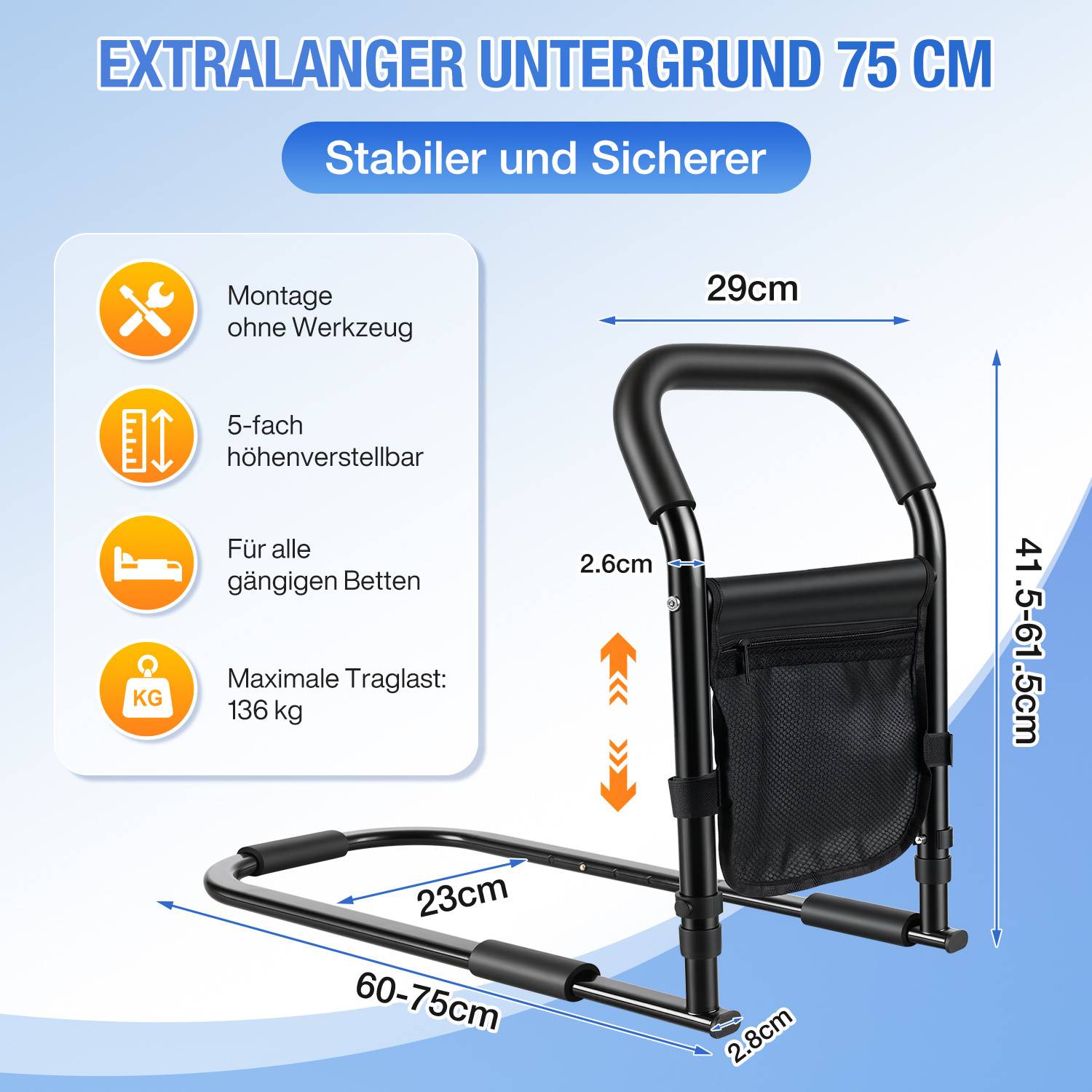 Aufstehhilfe Bett Senioren höhenverstellbar (45-62cm), Bettgriff Rausfallschutz mit Fixiergurt & Handyhalter, Schwarz, 5 Stufen