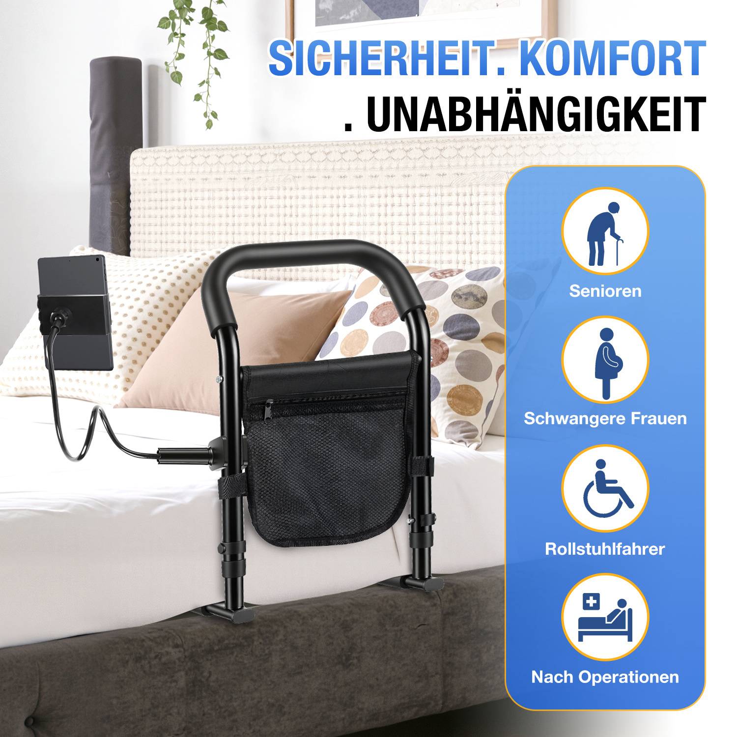 Aufstehhilfe Bett Senioren höhenverstellbar (45-62cm), Bettgriff Rausfallschutz mit Fixiergurt & Handyhalter, Schwarz, 5 Stufen