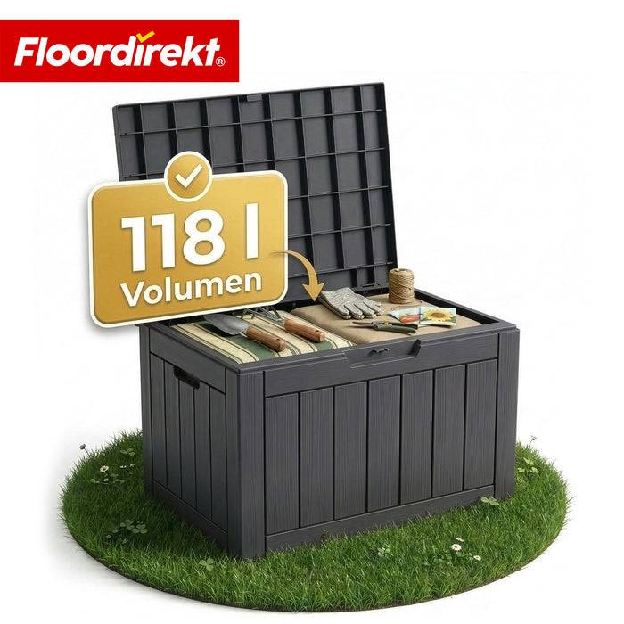 FLOORDIREKT Gartenbox in Holz-Optik - Wetterfest & Robust - Kissenbox für Terrasse & Balkon - 118 L - 56 x 43 x 53 cm - Anthrazit