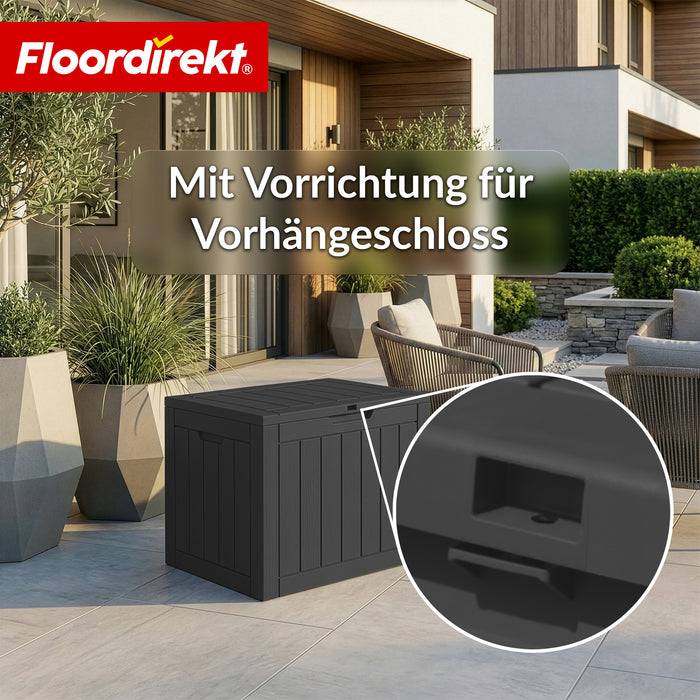 FLOORDIREKT Gartenbox in Holz-Optik - Wetterfest & Robust - Kissenbox für Terrasse & Balkon - 118 L - 56 x 43 x 53 cm - Anthrazit