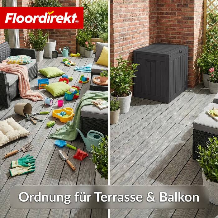 FLOORDIREKT Gartenbox in Holz-Optik - Wetterfest & Robust - Kissenbox für Terrasse & Balkon - 118 L - 56 x 43 x 53 cm - Anthrazit
