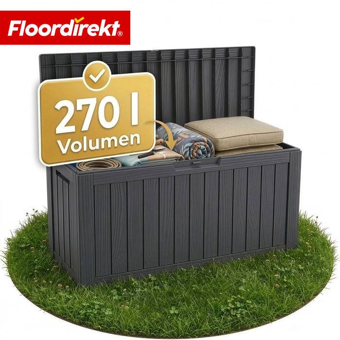 FLOORDIREKT Gartenbox in Holz-Optik - Wetterfest & Robust - Kissenbox für Terrasse & Balkon - 270 L - 117 x 53 x 55 cm - Anthrazit