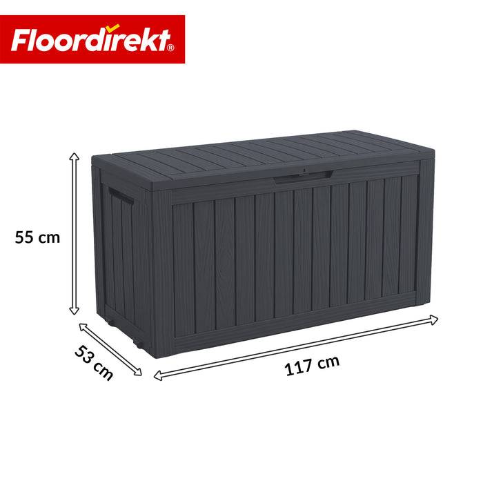 FLOORDIREKT Gartenbox in Holz-Optik - Wetterfest & Robust - Kissenbox für Terrasse & Balkon - 270 L - 117 x 53 x 55 cm - Anthrazit