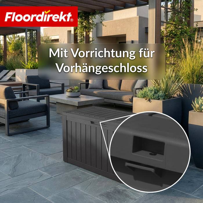 FLOORDIREKT Gartenbox in Holz-Optik - Wetterfest & Robust - Kissenbox für Terrasse & Balkon - 270 L - 117 x 53 x 55 cm - Anthrazit