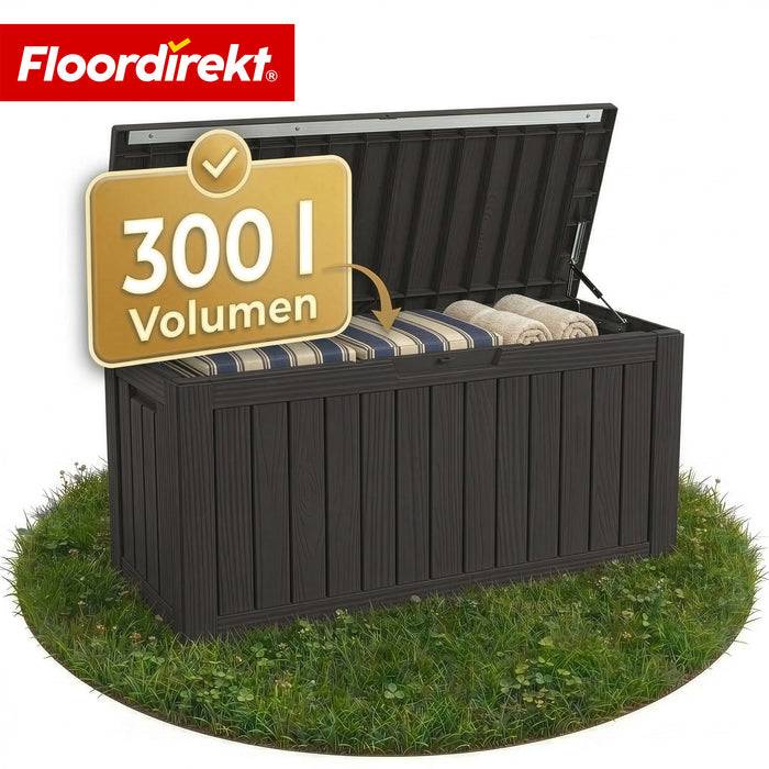 FLOORDIREKT Gartenbox in Holz-Optik - Wetterfest & Robust - Kissenbox für Terrasse & Balkon - 300 L - 117 x 47 x 59 cm - Anthrazit