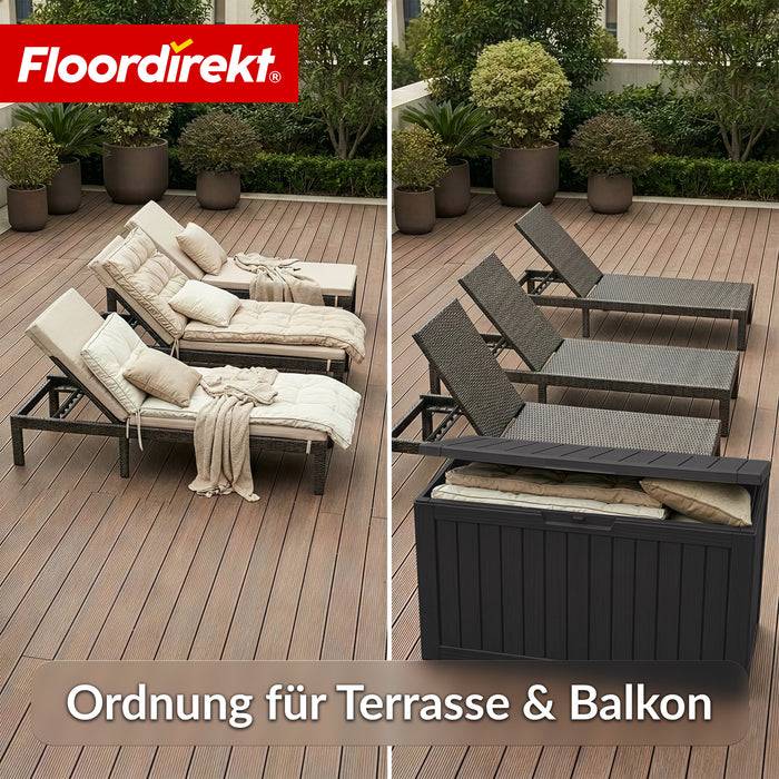 FLOORDIREKT Gartenbox in Holz-Optik - Wetterfest & Robust - Kissenbox für Terrasse & Balkon - 300 L - 117 x 47 x 59 cm - Anthrazit