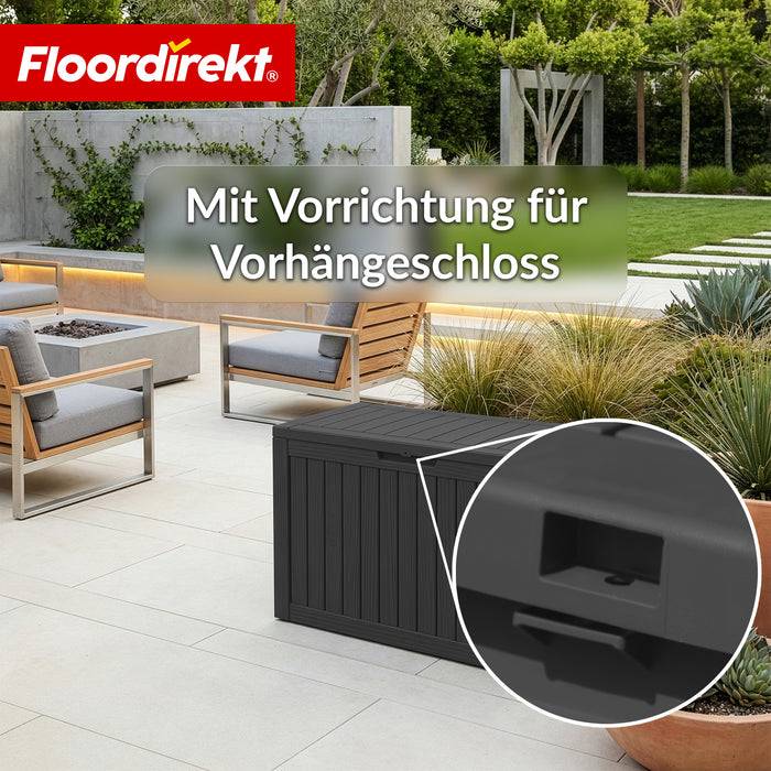 FLOORDIREKT Gartenbox in Holz-Optik - Wetterfest & Robust - Kissenbox für Terrasse & Balkon - 300 L - 117 x 47 x 59 cm - Anthrazit