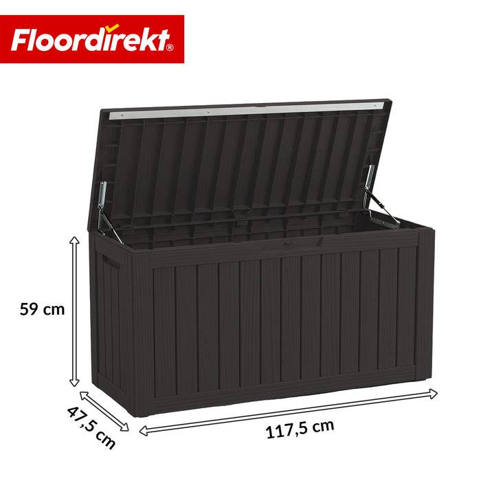 FLOORDIREKT Gartenbox in Holz-Optik - Wetterfest & Robust - Kissenbox für Terrasse & Balkon - 300 L - 117 x 47 x 59 cm - Anthrazit