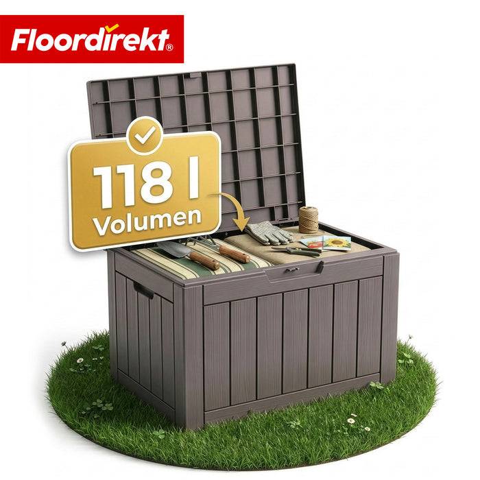 FLOORDIREKT Gartenbox in Holz-Optik - Wetterfest & Robust - Kissenbox für Terrasse & Balkon - 118 L - 56 x 43 x 53 cm - Braun