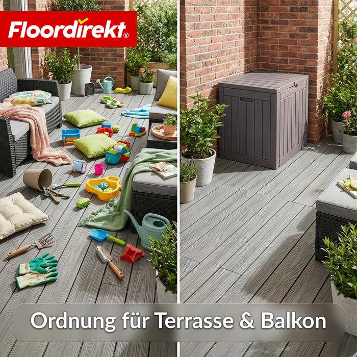 FLOORDIREKT Gartenbox in Holz-Optik - Wetterfest & Robust - Kissenbox für Terrasse & Balkon - 118 L - 56 x 43 x 53 cm - Braun