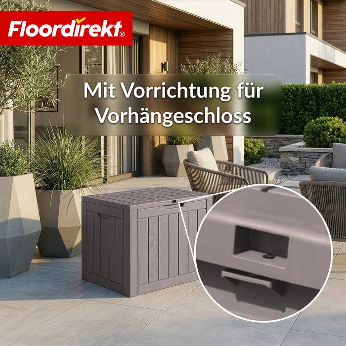 FLOORDIREKT Gartenbox in Holz-Optik - Wetterfest & Robust - Kissenbox für Terrasse & Balkon - 118 L - 56 x 43 x 53 cm - Braun