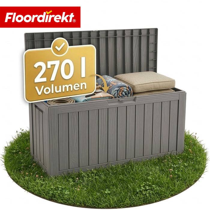 FLOORDIREKT Gartenbox in Holz-Optik - Wetterfest & Robust - Kissenbox für Terrasse & Balkon - 270 L - 117 x 53 x 55 cm - Braun