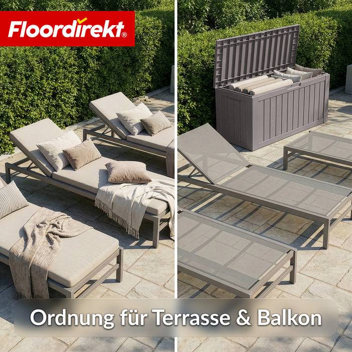 FLOORDIREKT Gartenbox in Holz-Optik - Wetterfest & Robust - Kissenbox für Terrasse & Balkon - 270 L - 117 x 53 x 55 cm - Braun