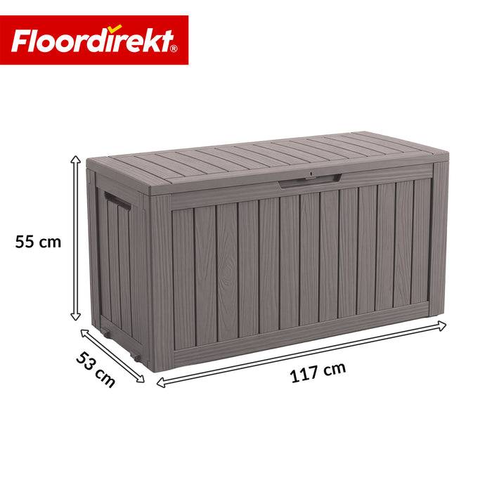FLOORDIREKT Gartenbox in Holz-Optik - Wetterfest & Robust - Kissenbox für Terrasse & Balkon - 270 L - 117 x 53 x 55 cm - Braun