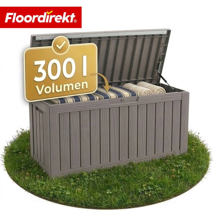 FLOORDIREKT Gartenbox in Holz-Optik - Wetterfest & Robust - Kissenbox für Terrasse & Balkon - 300 L - 117 x 47 x 59 cm - Braun