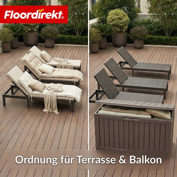 FLOORDIREKT Gartenbox in Holz-Optik - Wetterfest & Robust - Kissenbox für Terrasse & Balkon - 300 L - 117 x 47 x 59 cm - Braun