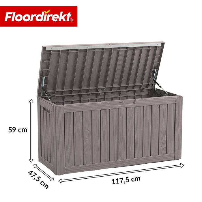 FLOORDIREKT Gartenbox in Holz-Optik - Wetterfest & Robust - Kissenbox für Terrasse & Balkon - 300 L - 117 x 47 x 59 cm - Braun