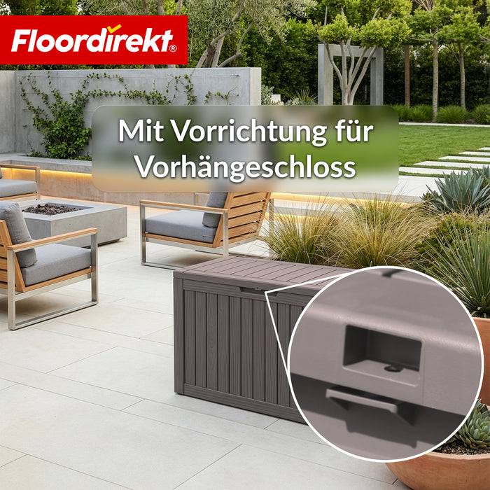 FLOORDIREKT Gartenbox in Holz-Optik - Wetterfest & Robust - Kissenbox für Terrasse & Balkon - 300 L - 117 x 47 x 59 cm - Braun