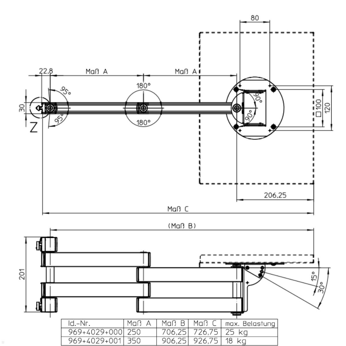 Technische Zeichnung einer Klapparmmontagebaugruppe mit Bemaßungslinien, Winkeln und Tabelle mit Messwerten für drei Modellvarianten und maximale Belastung.