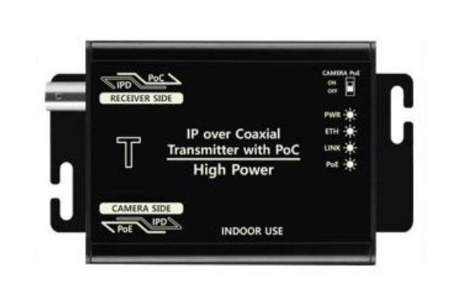 Schwarzes IP-Koaxial-Transmitter mit PoC hoher Leistung, mit Beschriftung auf Empfänger- und Kameraseite, für Innenverwendung mit Status-LEDs und Stromschalter für die Kamera.